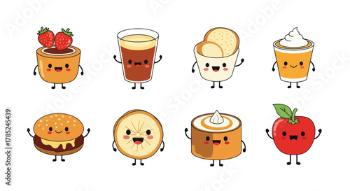 Cartoon food characters cheerful beverages and snacks on white background