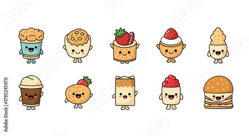 Cartoon food characters colorful illustrations of various delicious treats