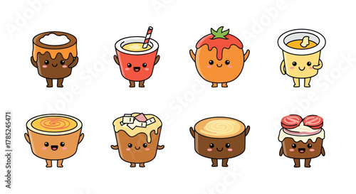 Cartoon food characters cheerful desserts and drinks vector illustration