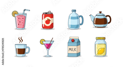 Assorted beverages in colorful cartoon style for commercial illustration