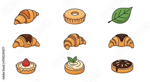 Assortment of bakery treats and leaf isolated on white background vector