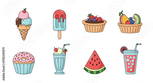 Assortment of desserts and beverages vector illustration on white background
