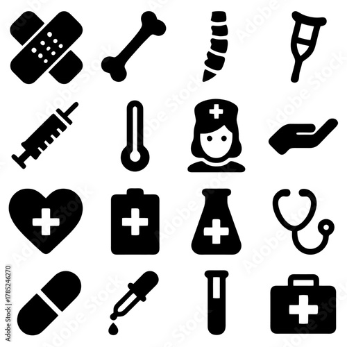 Essential Medical Elements: A collection of vital health care and medical tools displayed in an organized fashion, representing the core elements of the industry and practice.