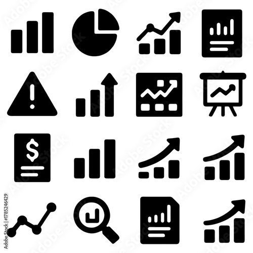 Icons of Data: This image presents a collection of data-related icons, each representing different aspects of information analysis and presentation. These include charts, graphs, and symbols.