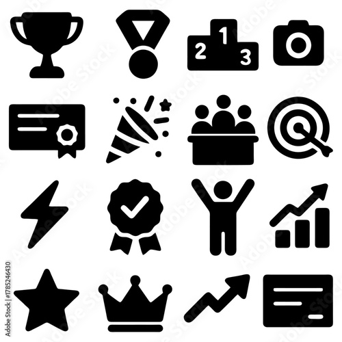 Success Icon Set: A comprehensive collection of iconic symbols representing various aspects of achievement, recognition, and success, perfect for illustrating concepts of victory, accomplishment.