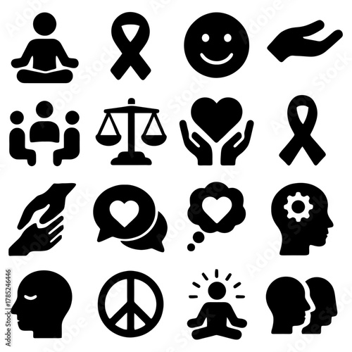 Community of Symbols: An array of symbolic illustrations, representing unity, support, and mindfulness. These visuals embody concepts of inner peace, well-being, and mutual support.