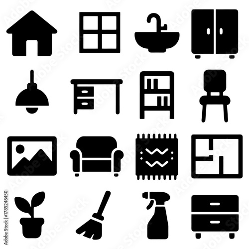 Home Interior Icon Set: A comprehensive collection of simplified black icons representing essential elements found in interior design, capturing the essence of home decor and architecture.