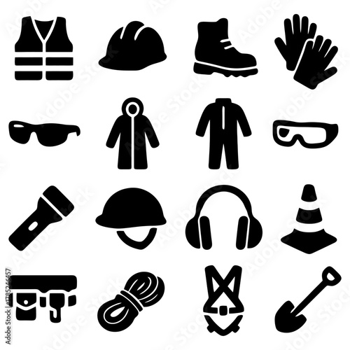 Safety Essentials: A collection of essential safety equipment silhouettes, emphasizing protection, and precaution in various work environments.