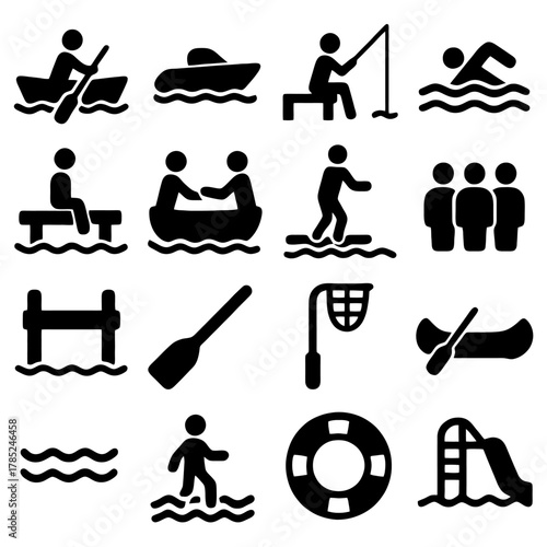Aquatic Recreation Icons: A visually informative collection of aquatic recreation icons, symbolizing the various activities one can enjoy on the water. Suitable for illustrating a variety of concepts.