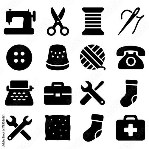 Icons of Craft and Repair: A collection of meticulously designed monochrome icons representing essential tools and objects related to sewing, mechanics, and other craftsmanship activities.