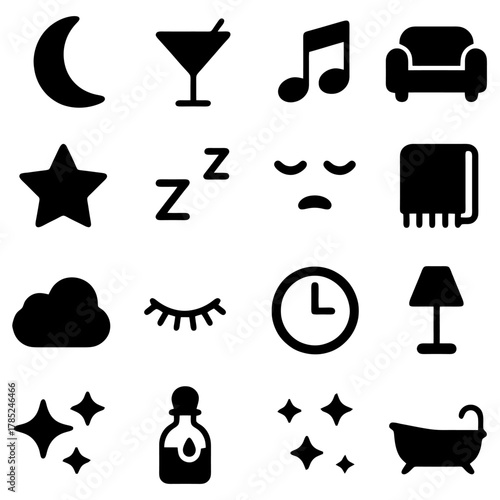 Sleep and Relaxation Icon Collection: An array of simple icons illustrates the concept of restful sleep, tranquility and calmness, evoking serenity and peacefulness.