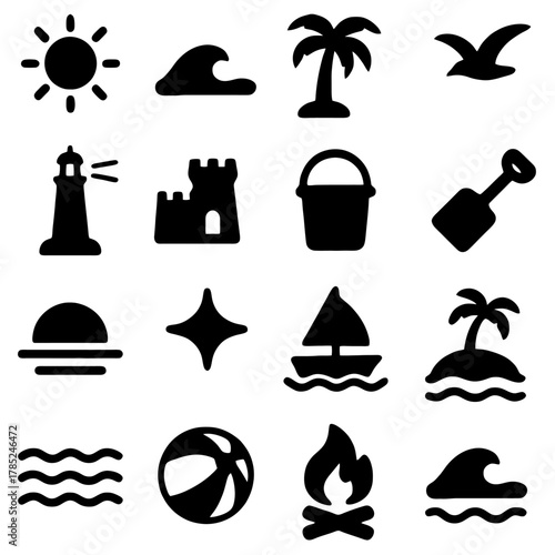 Beach Holiday Elements: A collection of beach holiday icons, artfully arranged to capture the essence of a perfect seaside vacation, evoking feelings of relaxation, fun, and tranquility.