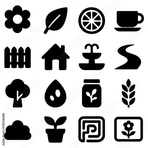 Minimalist Icon Set: A captivating collection of minimalist icons, elegantly designed to represent an array of natural elements, architectural structures, and everyday objects.