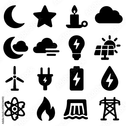 Energy Icons: An array of bold, black icons representing diverse energy sources, from natural elements like the sun and wind to technological advancements such as solar panels and electricity.