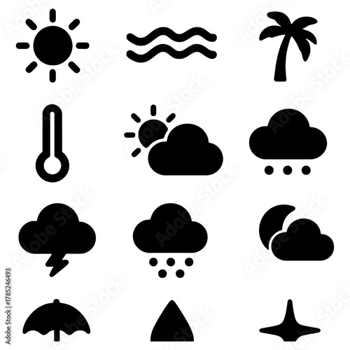 Weather Icon Compilation: A collection of concise, vector-based icons representing diverse weather phenomena, from the radiant sun to the pouring rain, each conveying a specific atmospheric condition.