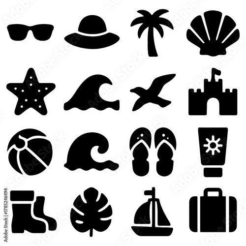 Summer Icon Collection: A set of evocative black icons representing the essence of summer. Includes sunglasses, sunhat, palm tree, seashell, starfish, wave, seagull, sandcastle, beach ball.