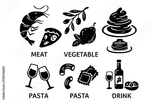 Selection of culinary delights, simple line icons