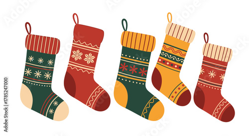 Festive Christmas Stockings with Traditional Patterns for Holiday Decor.