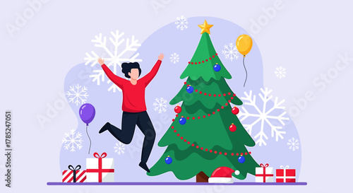 Joyful Christmas Celebration - Woman Leaping Beside Decorated Tree with Gifts.