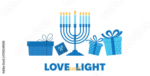 Love and Light Hanukkah Greeting Card with Gift Boxes and Festive Typography. Perfect for greeting cards, posters, banners, invitations, social media related to Jewish holidays and traditions.