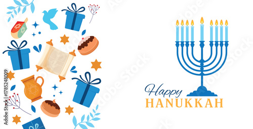 Happy Hanukkah Greeting Card Illustration with Menorah, Dreidels, Torah Scroll, and Festive Jewish Holiday Symbols