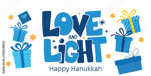 Love and Light Hanukkah Greeting Card with Gift Boxes and Festive Typography. Perfect for greeting cards, posters, banners, invitations, social media related to Jewish holidays and traditions.