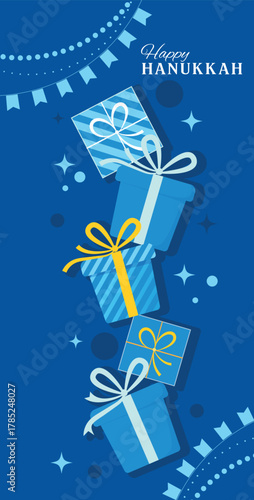 Happy Hanukkah Greeting Card with Gift Boxes and Festive Typography. Perfect for greeting cards, posters, banners, invitations, social media related to Jewish holidays and traditions.