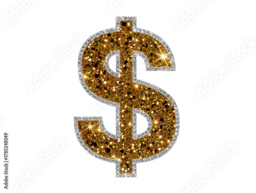 Glittering gold dollar sign with sparkling silver outline, symbolizing wealth, luxury, and financial success, isolated on transparent background for creative design projects