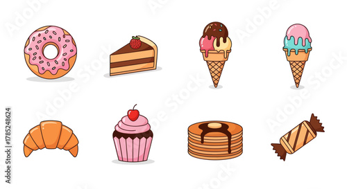 Assortment of sweet treats and desserts in colorful cartoon style