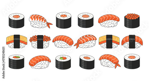 Assortment of sushi rolls and nigiri with rice seaweed and toppings
