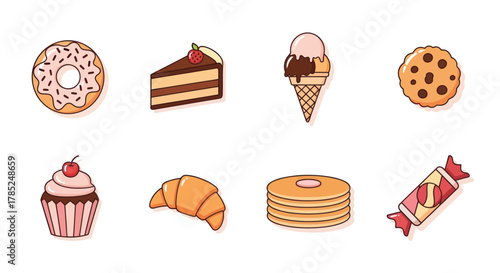 Assortment of sweet treats donut cake ice cream cookie and more