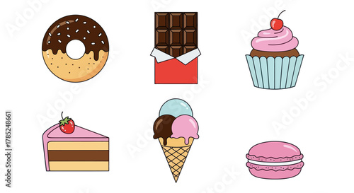 Assortment of sweet treats donut chocolate cupcake cake ice cream macaron