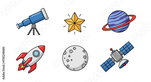 Astronomy and space icons set telescope rocket planet moon satellite star