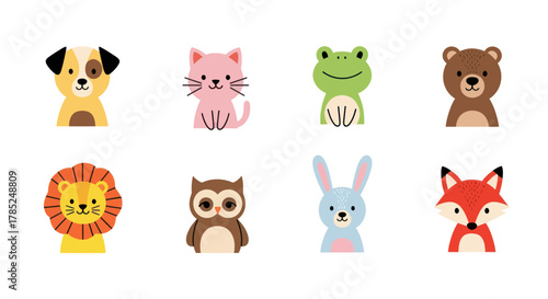 Cartoon animal portraits dog cat frog bear lion owl rabbit fox