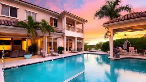 Wallpaper Mural Aerial view of a luxurious residential property during sunset, with a swimming pool in the foreground. The sky is painted in hues of pink, purple, and orange. Torontodigital.ca