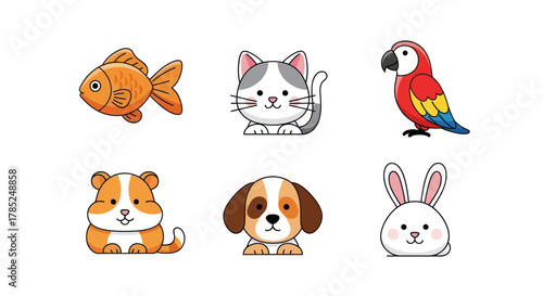 Cartoon animals collection fish cat parrot hamster dog and rabbit