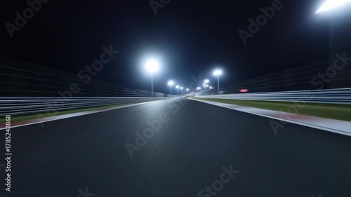 Racing into the night: A dynamic POV shot on a brightly lit racetrack at night