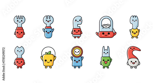 Cartoon cutlery characters collection smiling food utensils in playful poses