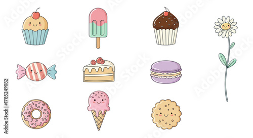 Cartoon desserts and sweets collection with smiling faces isolated