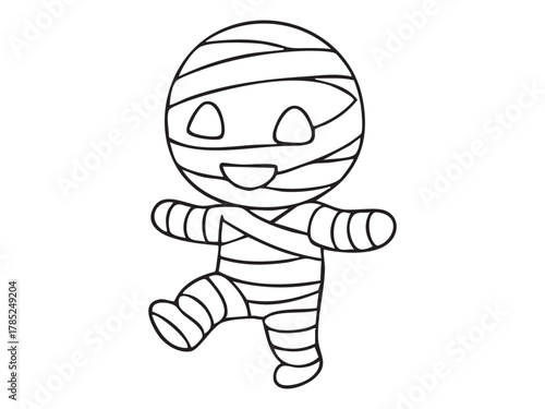 Cute mummy character in playful pose, outlined illustration on white background. concept of halloween, spooky figure, playful costume, fun design, kids drawing, isolated character