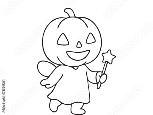 Black outline of child with jack-o-lantern costume and fairy wand, illustration. concept of halloween, trick or treat, pumpkin head, costume party, festive design.