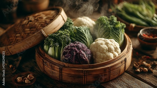 Fresh vegetables served in bamboo steamer high resolution picture