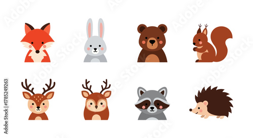 Cartoon forest animals collection fox rabbit bear squirrel deer raccoon hedgehog