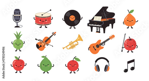 Cartoon musical instruments and fruits characters illustration on white background
