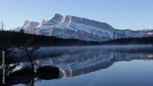 Two Jack lake on foggy morning looking at Mount Rundle