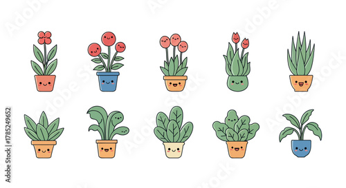 Cartoon plants in pots cheerful vector illustrations for various projects