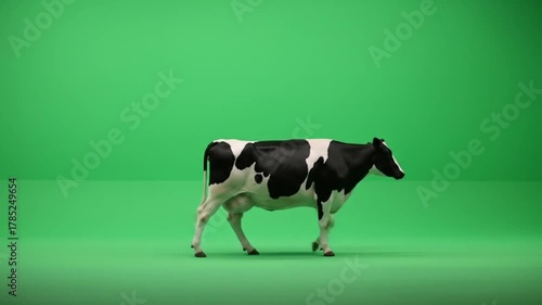 Dynamic black and white cow walks across vibrant green screen background, perfect for agricultural or storytelling projects