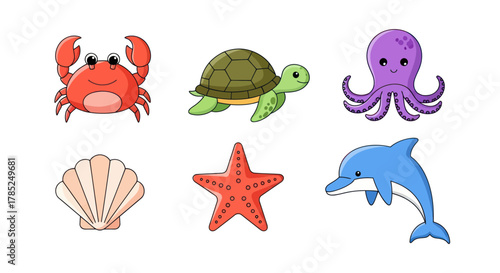 Cartoon sea creatures collection crab turtle octopus starfish dolphin and shell