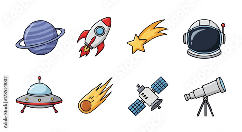 Cartoon space elements set rocket comet astronaut helmet planet