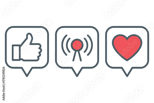 Social media icons representing likes, communication signals, and love are displayed.